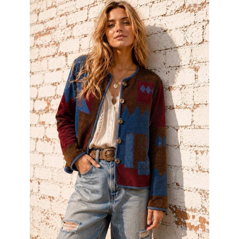 Vintage Koret City Patchwork Tapestry Southwestern Knit Jacket Boho Western M